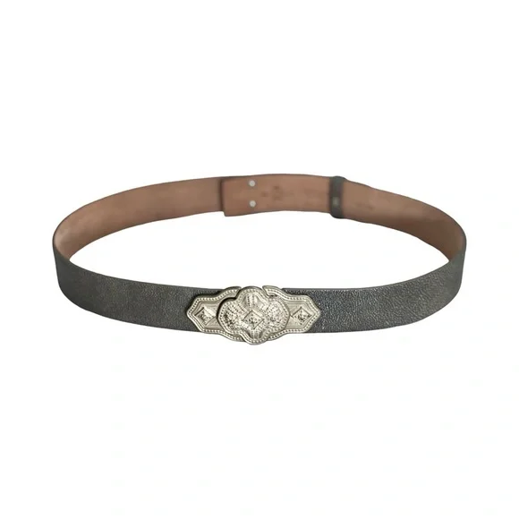 Etro Milano Stingray Metro Belt Gray Leather Ornate Silver Buckle Size 38 inch - Picture 1 of 12